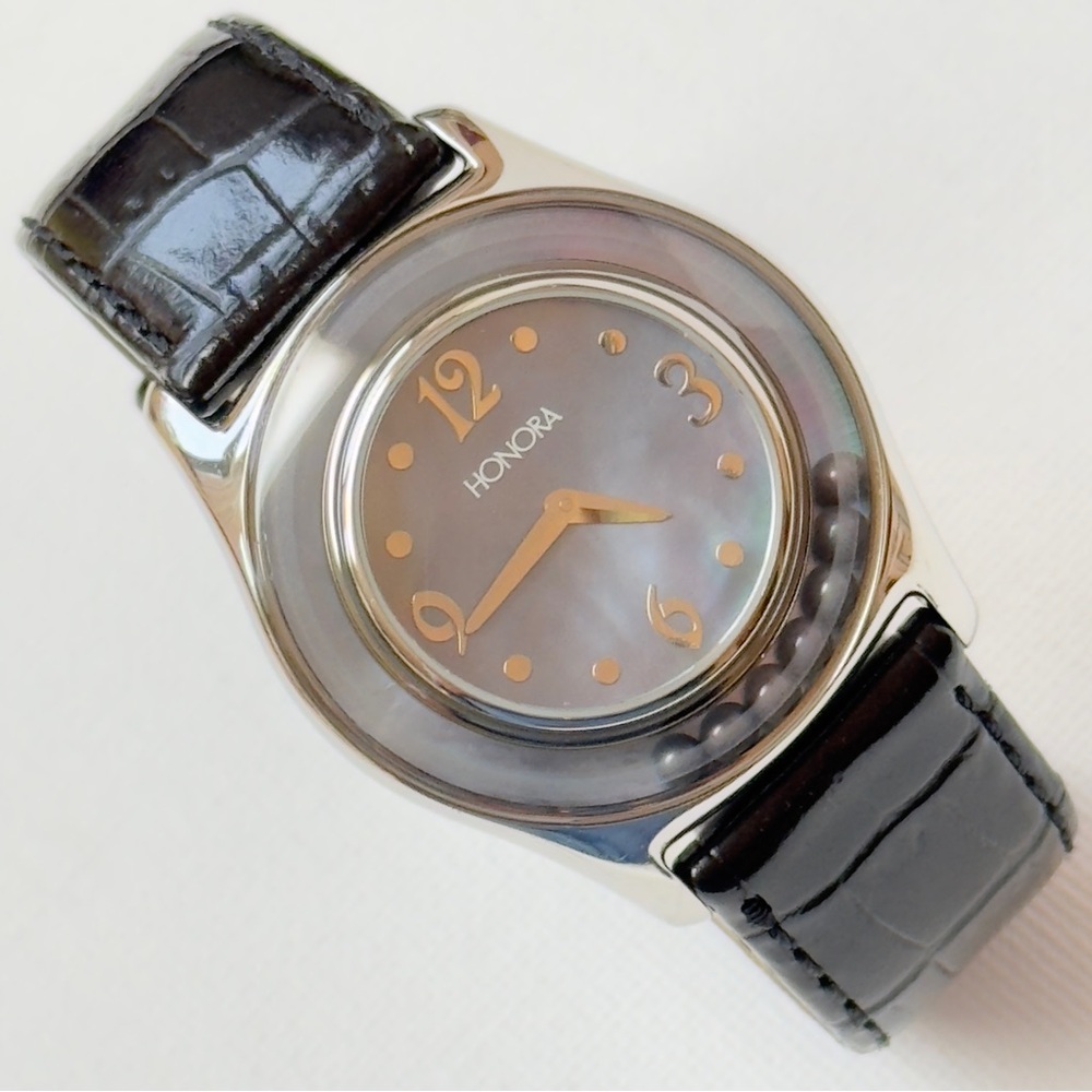 Honora Gray Mother Of Pearl Floating Pearls Women's Watch Silver Black Leather